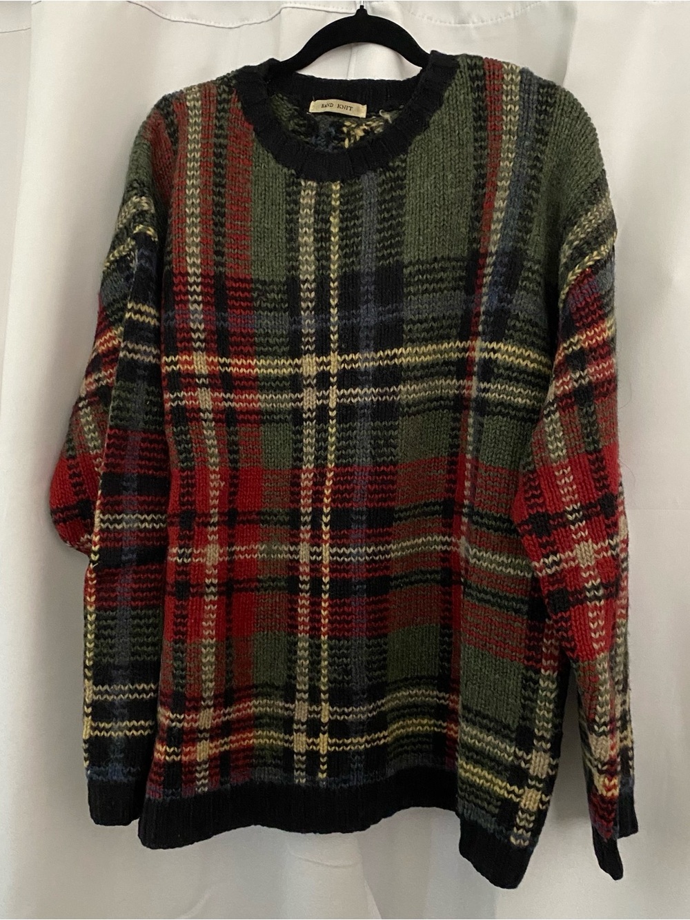 Vintage Hand Knit Shetland Wool Sweater XL Tartan Plaid Heavyweight Crewneck